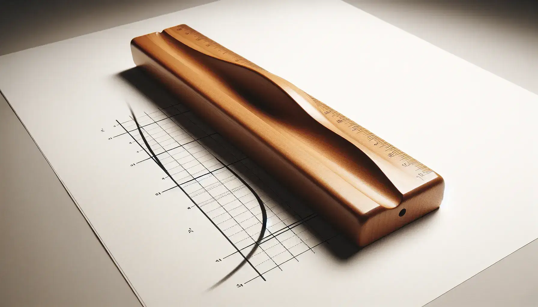 Close-up view of a polished wooden ruler diagonally placed on a white paper with a hand-drawn sine wave graph, no annotations visible.