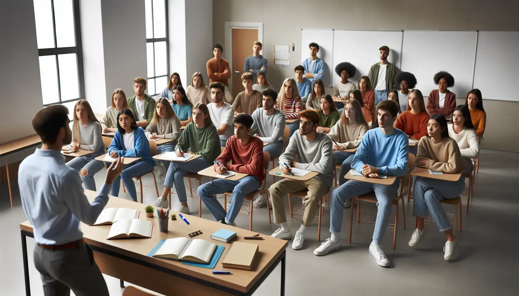 Grupo diverso de estudiantes atentos en clase con profesor señalando pizarra en aula iluminada naturalmente, con mesas de madera y planta verde.