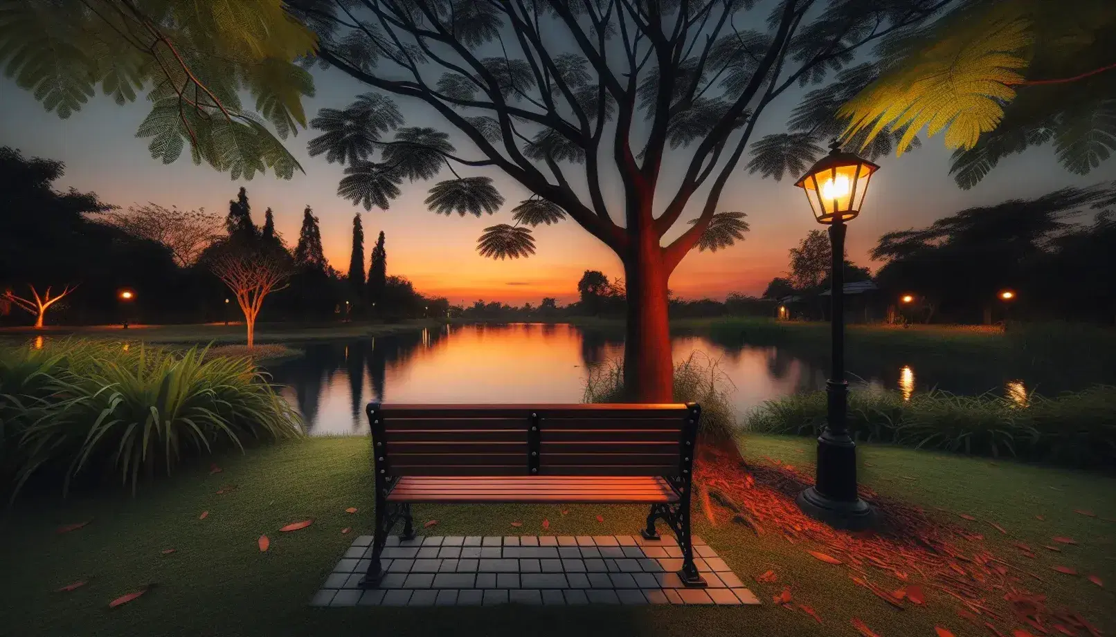 Parque tranquilo al atardecer con banco de madera frente a un estanque reflejando el cielo sin nubes, árbol frondoso y farola encendida.