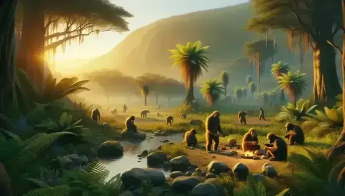 Prehistoric landscape at sunset with hominids around a stone tool making area, river, ferns, cycads and distant mountains.