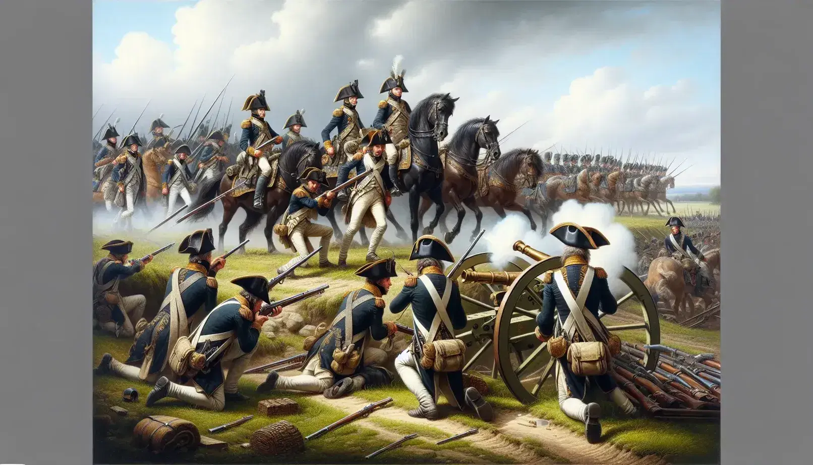 Escena de batalla del siglo XVIII con soldados en uniformes azules y dorados, caballería y cañón de artillería, bajo un cielo azul claro.