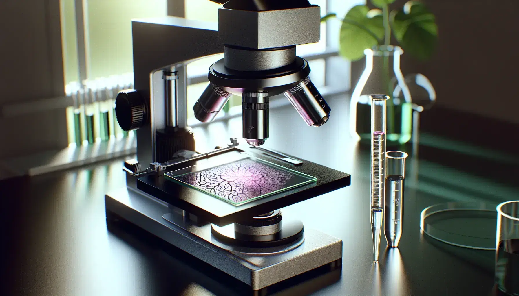 Microscopio ottico nero e argento su tavolo da laboratorio con vetrino contenente tessuto biologico colorato e pipetta graduata accanto, sfondo con piante verdi.