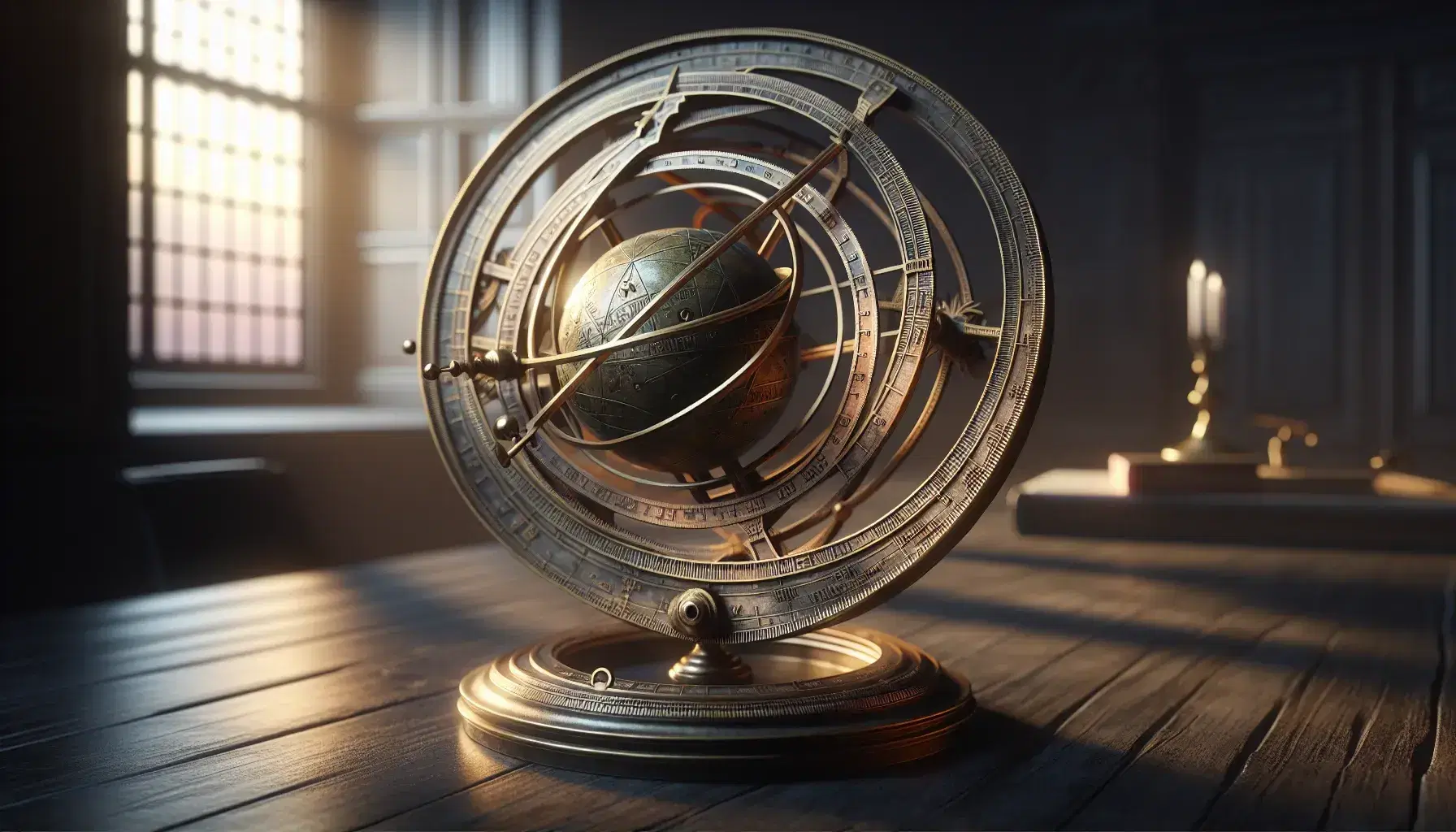Replica tridimensionale di un antico astrolabe in bronzo su tavolo scuro, con incisioni astronomiche e globo centrale, illuminata da luce naturale.