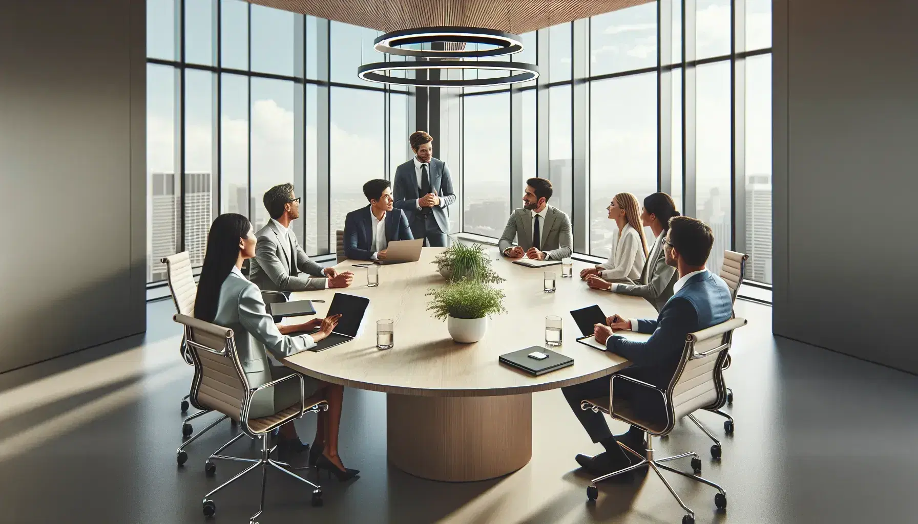 Diverse team engaged in a meeting at a modern office with a wooden table, digital devices, and a plant, in a well-lit room with large windows.
