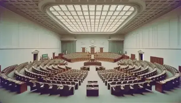 Sala vuota del parlamento italiano con banchi semicircolari per deputati e postazione rialzata per il presidente, pareti chiare e finestre ampie.