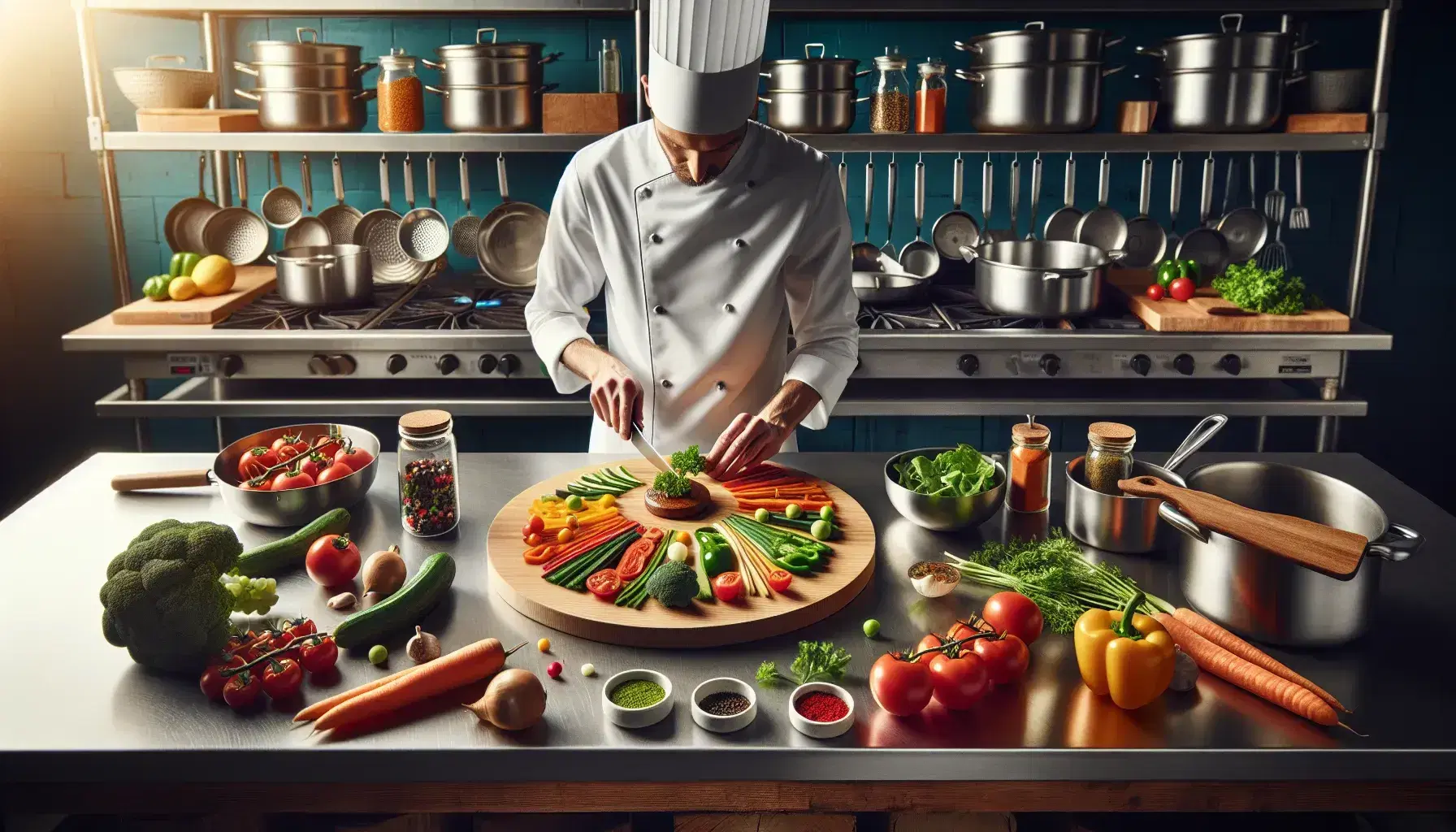 Cocina profesional con chef adornando un plato artístico, rodeado de vegetales coloridos, utensilios de cocina y especias en frascos transparentes.