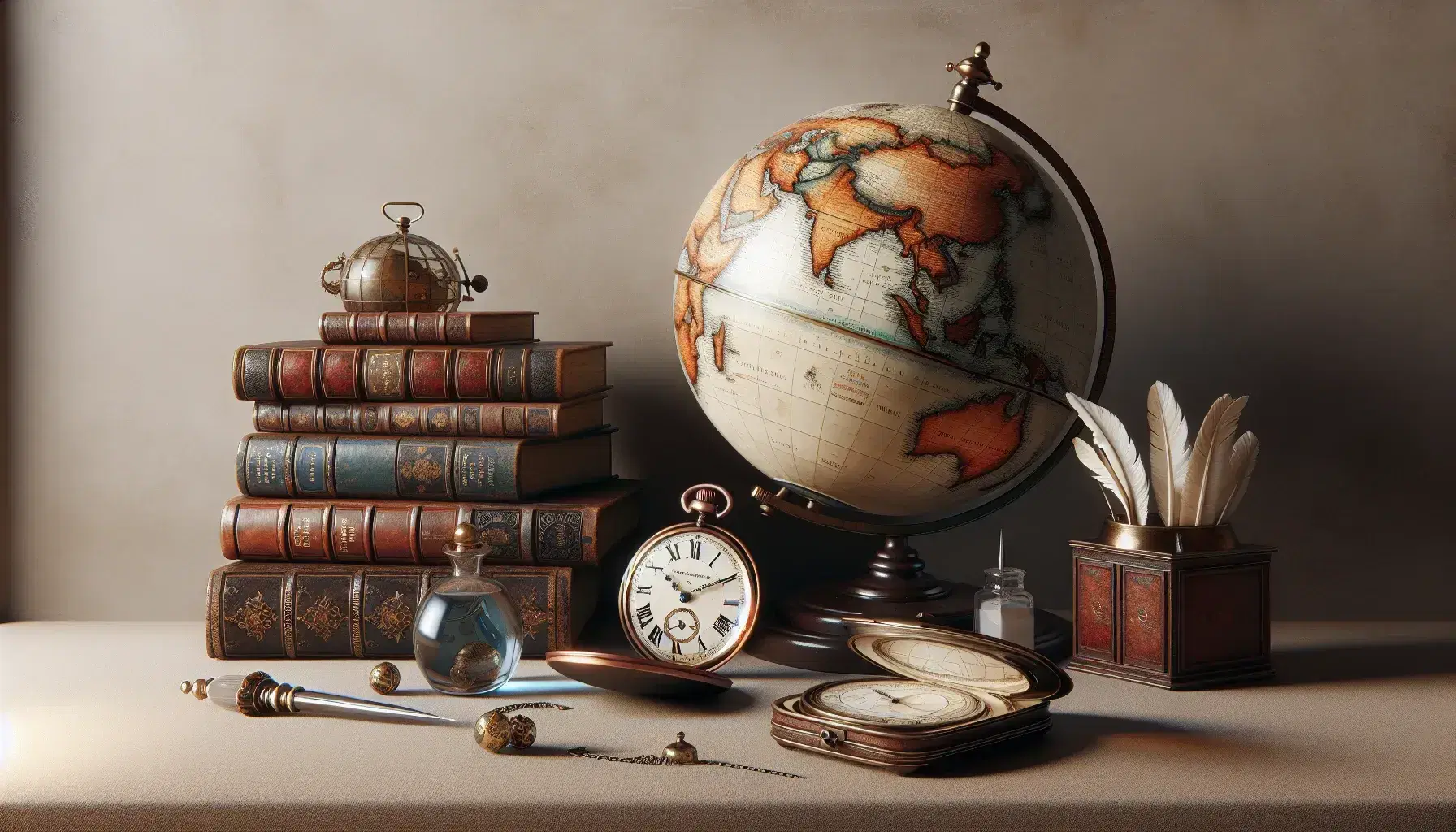 Globo antico con continenti in toni caldi su base intagliata, orologio tascabile aperto, libri in pelle impilati, calamaio in vetro e penna d'oca, sfera celeste parzialmente visibile.
