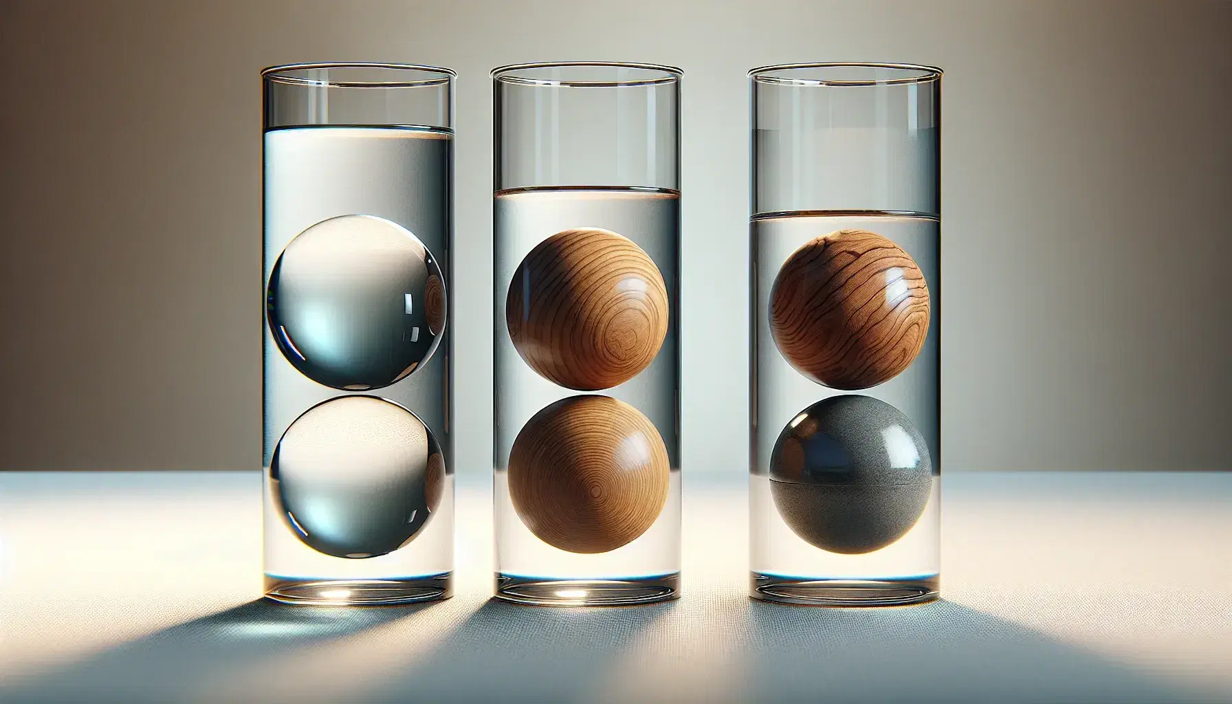 Sfere di vetro, legno e metallo in cilindri con acqua dimostrano densità diverse: vetro sospeso, legno galleggiante, metallo affondato.