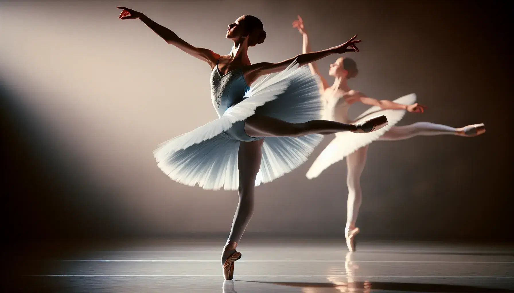 Two ballet dancers in synchronized arabesque pose, one in light blue tutu and the other in white leotard, against a softly lit stage background.