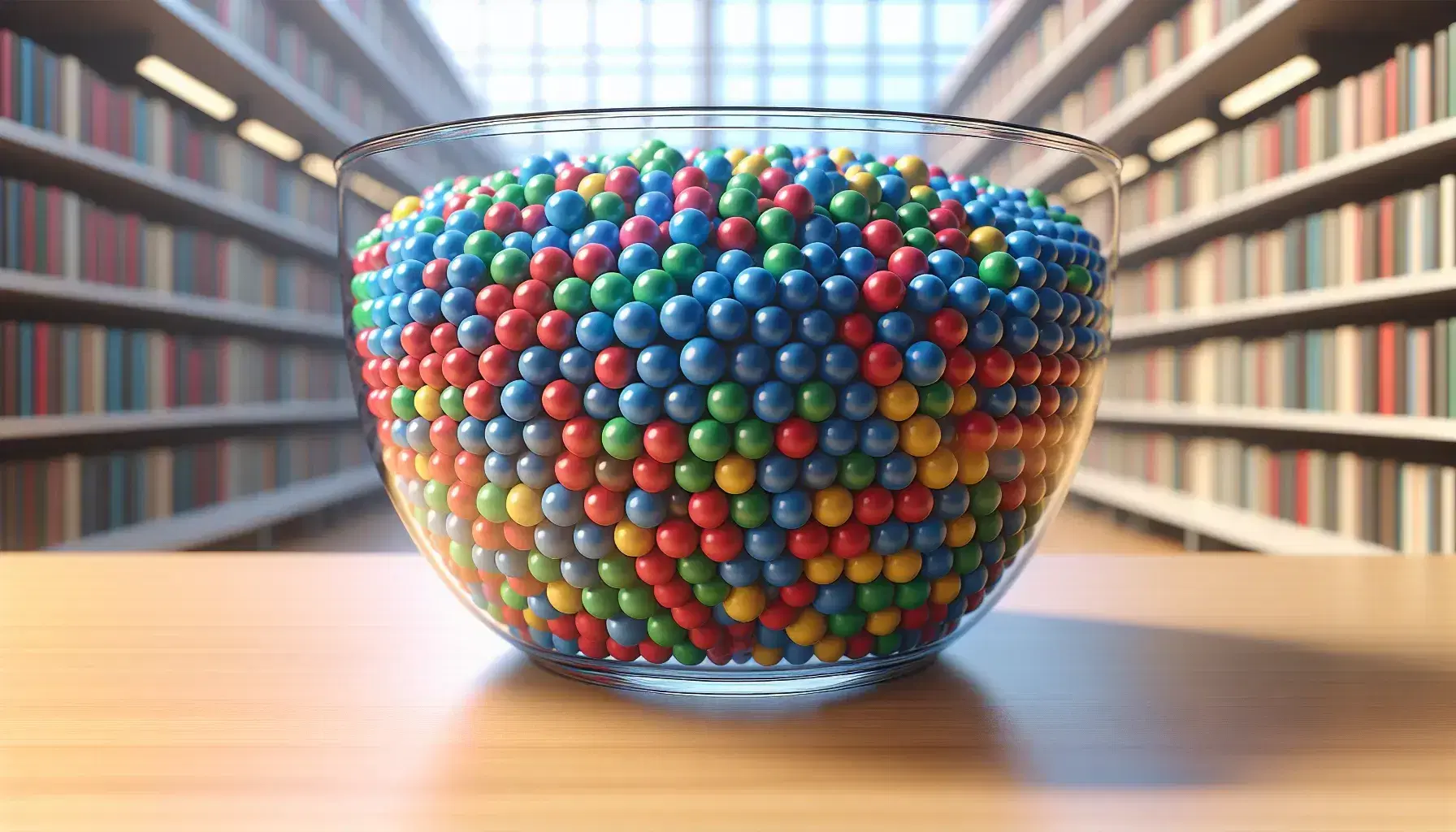 A clear glass bowl on a light wooden table, filled with shiny red, blue, green and yellow balls, with a blurred library background.