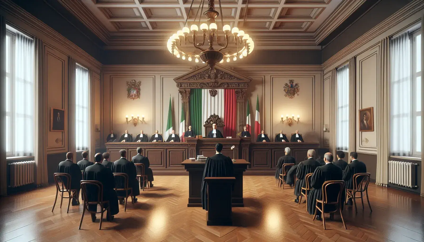 Aula di tribunale italiana con giudice in toga, avvocati, giuria popolare, bandiera italiana e arredi in legno.