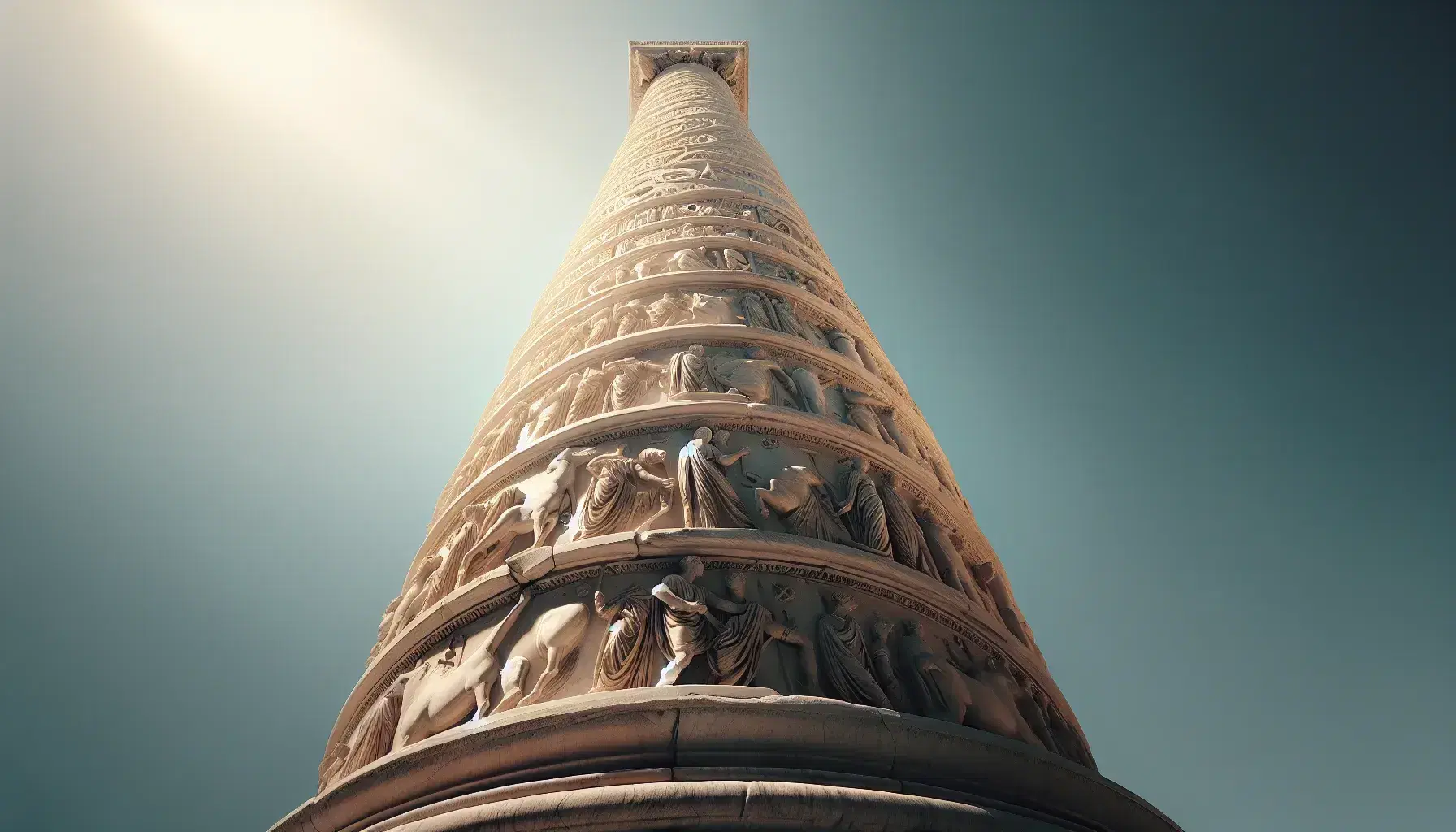 Colonna Traiana in marmo avorio con bassorilievi a spirale e figure umane, sotto un cielo azzurro limpido, circondata da turisti.