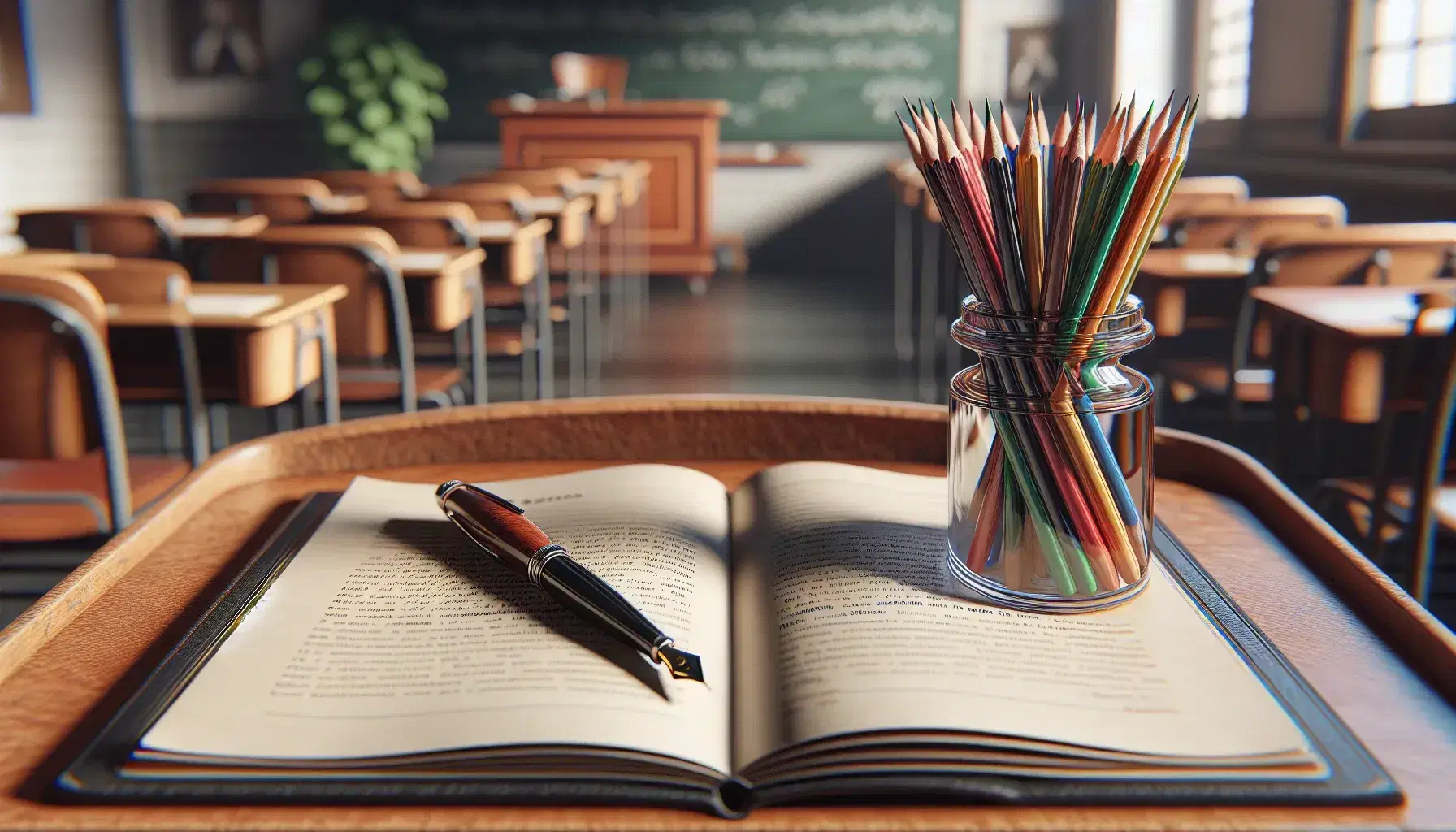 Neat Spanish classroom with open textbook, black fountain pen, colorful pencils in glass jar, red-cushioned chair, and potted plant.