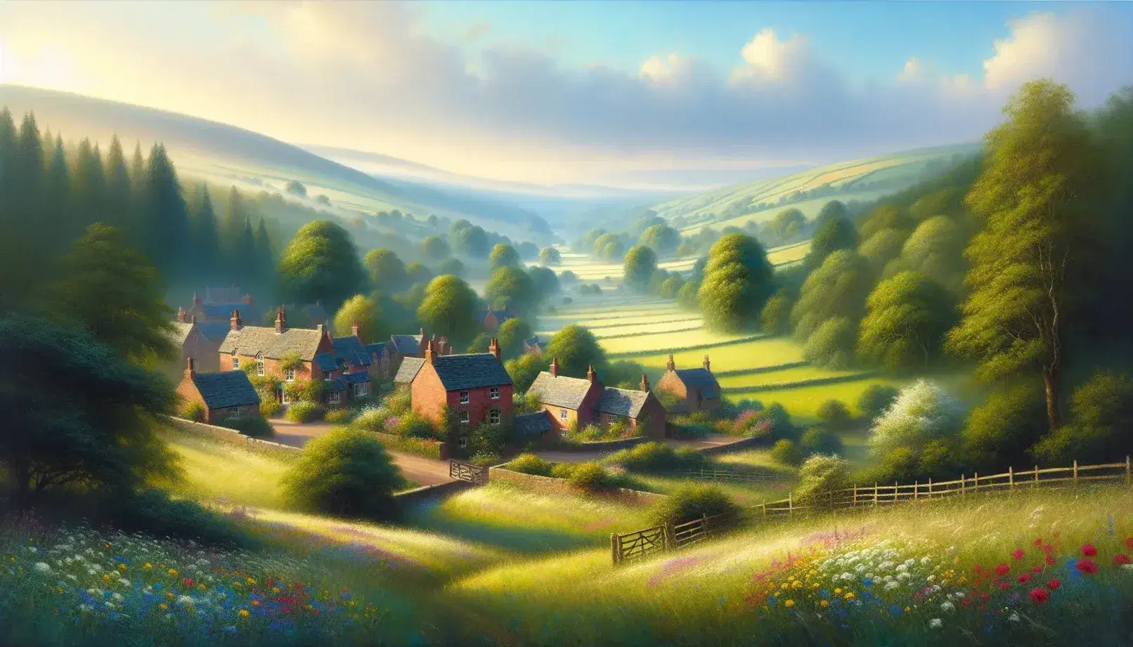 Serene English countryside landscape with a meadow of wildflowers, traditional red-brick houses, rolling hills, and a pastel blue sky with wispy clouds.