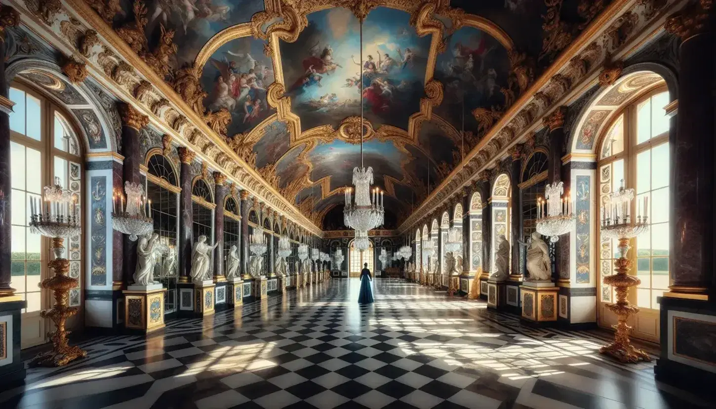 Corridoio della Galerie des Glaces a Versailles con specchi, affreschi, candelabri di cristallo, statue marmoree e figura in abiti d'epoca.