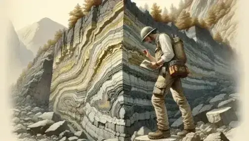 Cross section of a volcanic tuff deposit with geologist examining, evident stratification and natural landscape in the background.