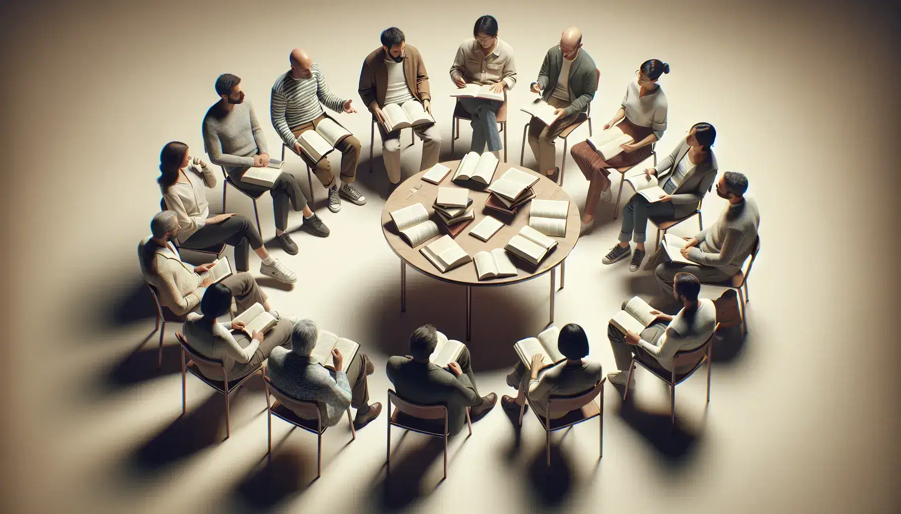 Multi-ethnic group of men and women in casual and formal clothing engaged in active discussion, sitting in a semi-circle around a table with open books.
