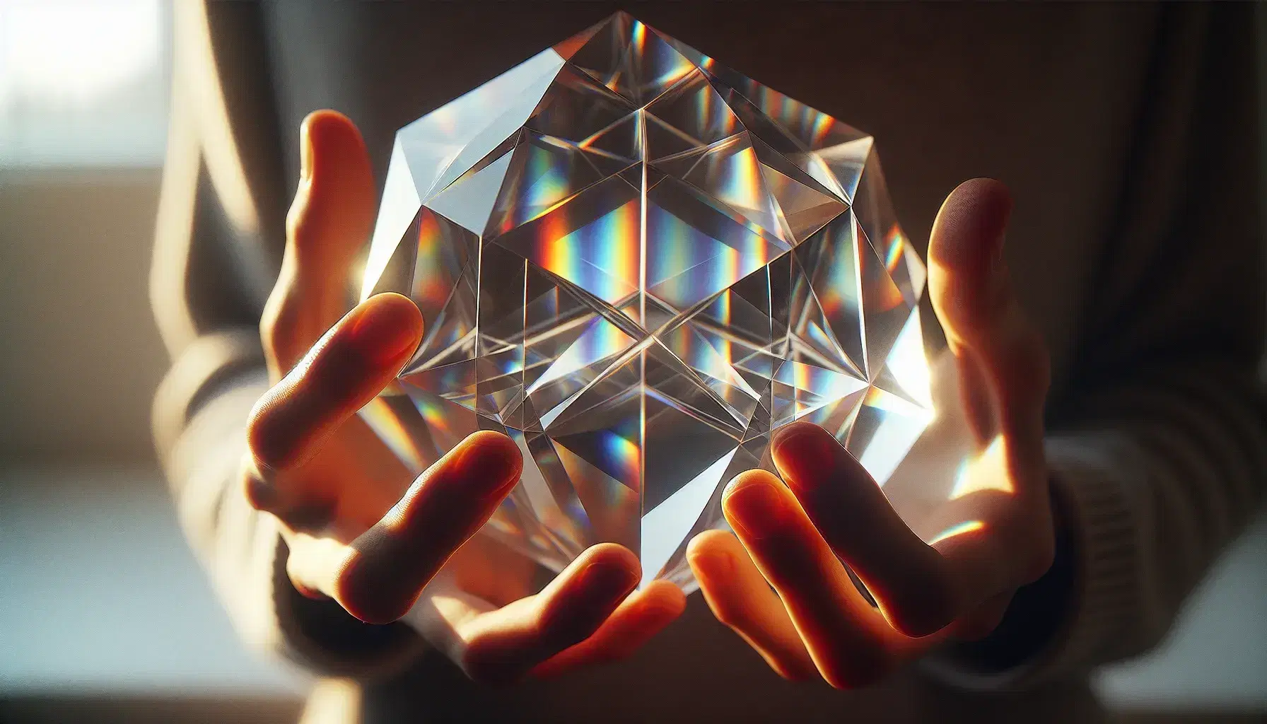 Hands holding a crystal that refracts light into a spectrum, with a blurred background emphasizing the colorful light patterns.