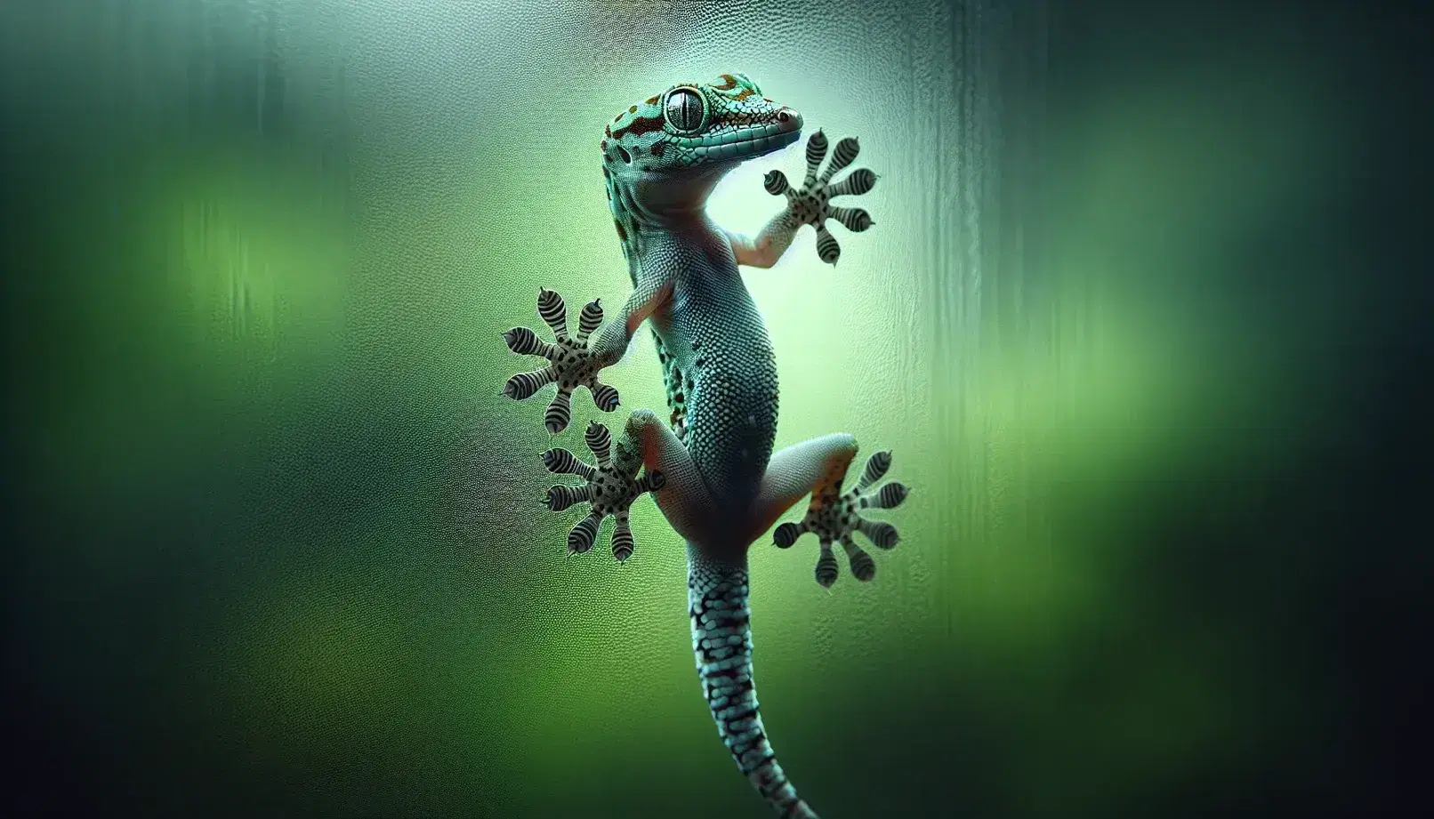Gecko on vertical glass surface shows setae on feet, camouflage green and brown skin, natural blurred background, soft lighting.