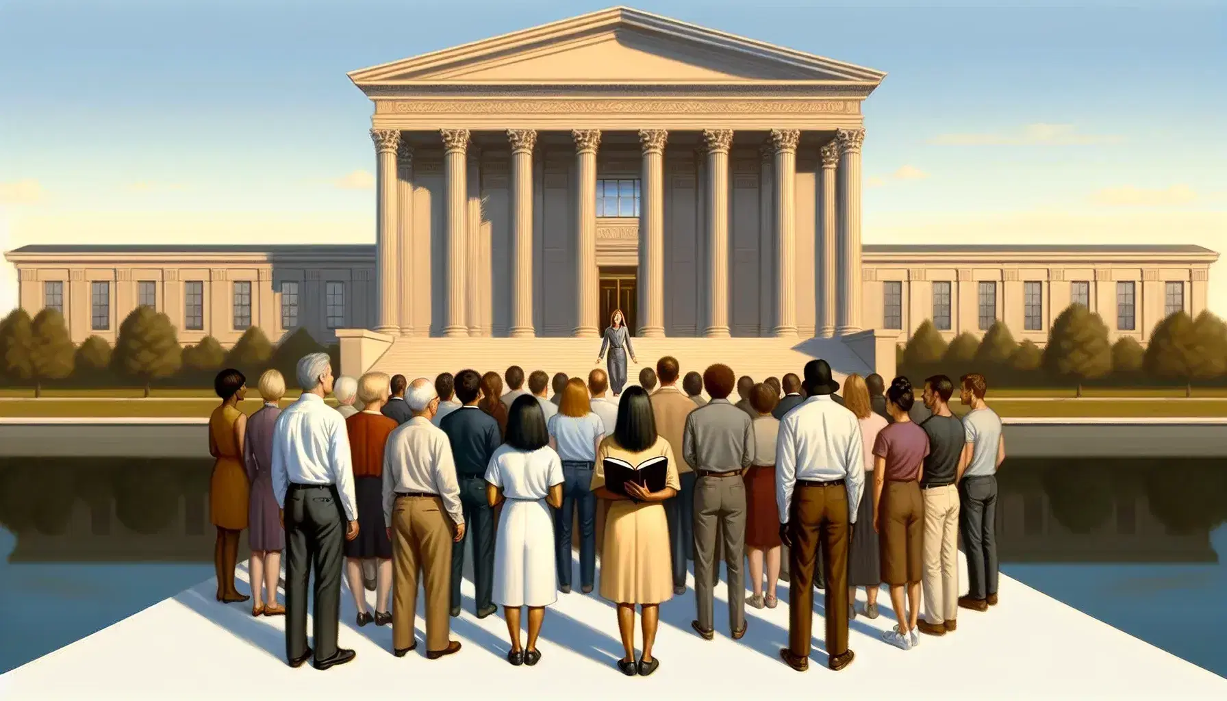Diverse group of individuals stands in unity before a neoclassical building, with a South Asian woman holding a blank open book at the center.