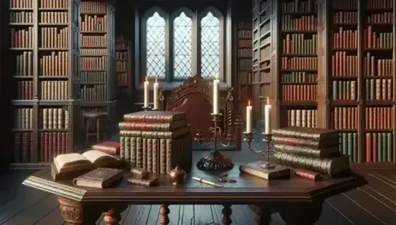 Biblioteca antigua con mesa de madera oscura y candelabro de bronce, sillas con cojines rojos, estantería repleta de libros y alfombra persa.
