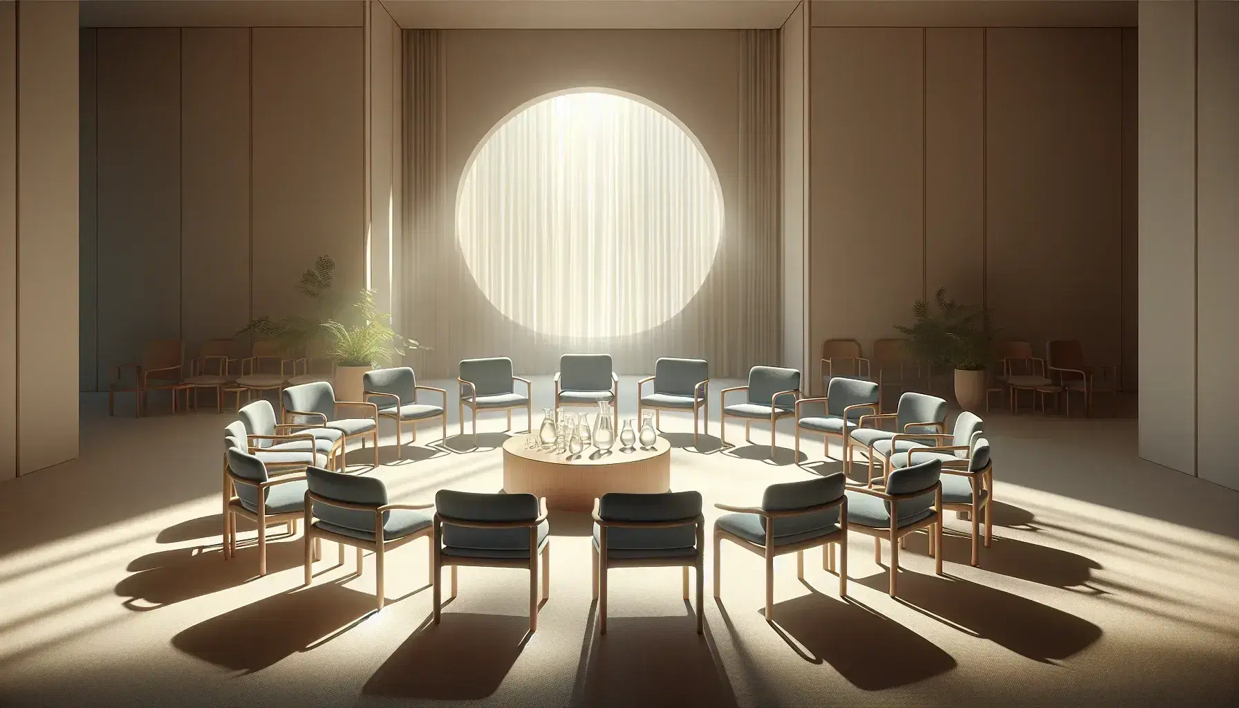 Light wooden chairs with blue cushions arranged in a circle around a low table with water jugs and glasses, in a bright room with green plants.