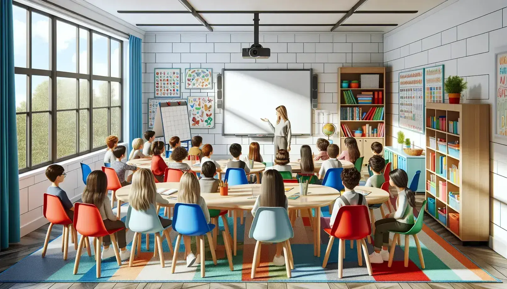 Aula escolar colorida con estudiantes atentos alrededor de una mesa redonda y un profesor explicando frente a una pizarra blanca, con estantería de libros y ventana con vista a árboles.