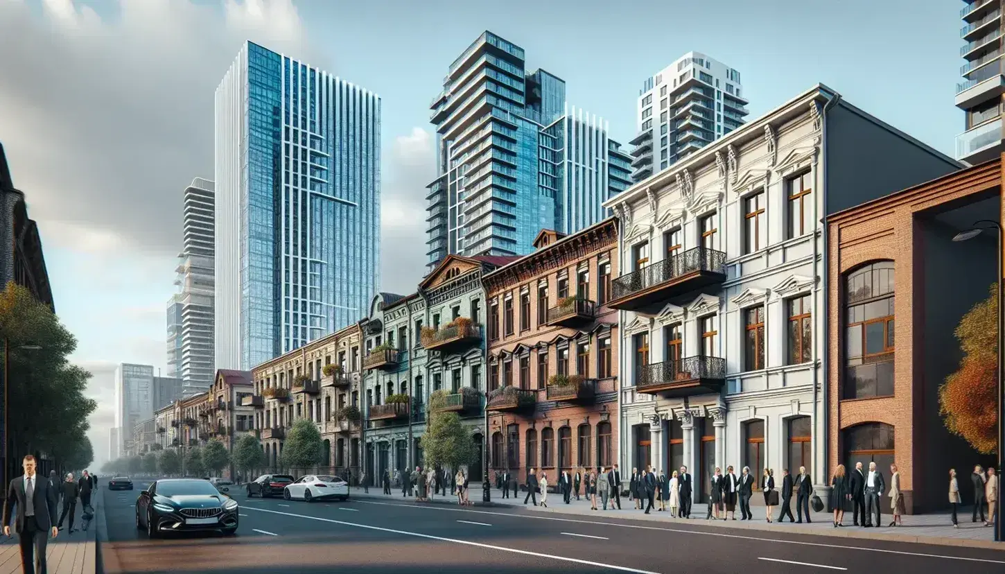 Vista urbana con edificios de distintas épocas, personas caminando y coches estacionados en una calle soleada, destacando un rascacielos de vidrio.