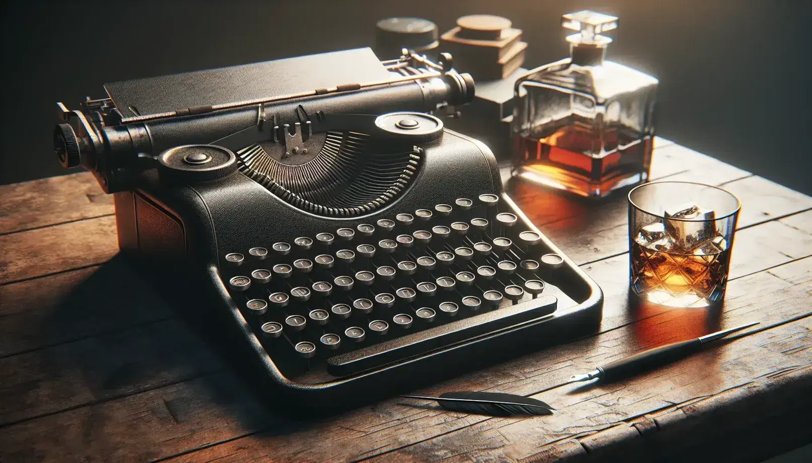 Vintage black typewriter on a wooden table with a glass of whiskey and blurred ink bottle and quill in the background, evoking classic writing nostalgia.