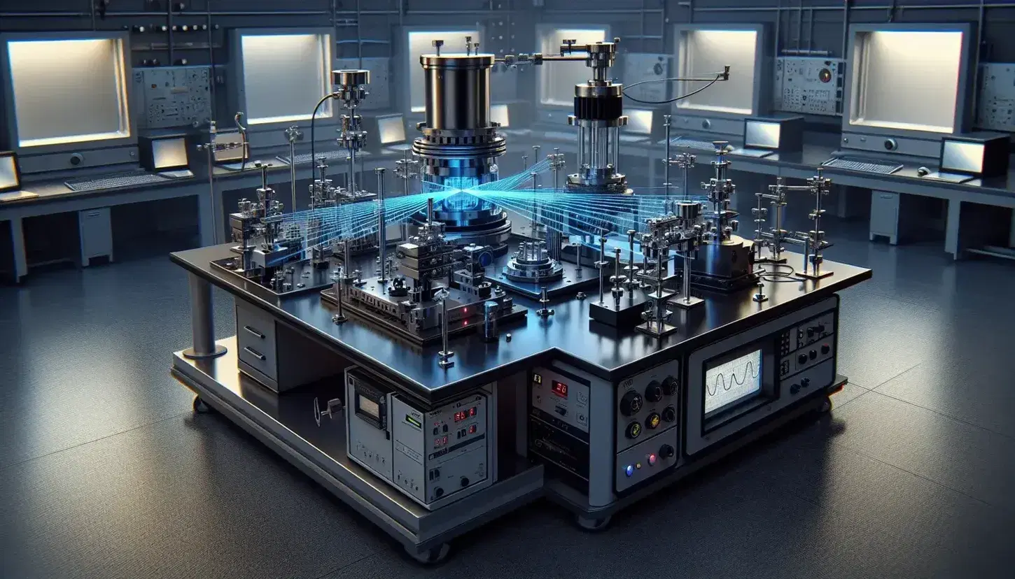 Quantum optics laboratory with blue laser, mirrors, beam splitter and female scientist adjusting a entangled photon experiment.