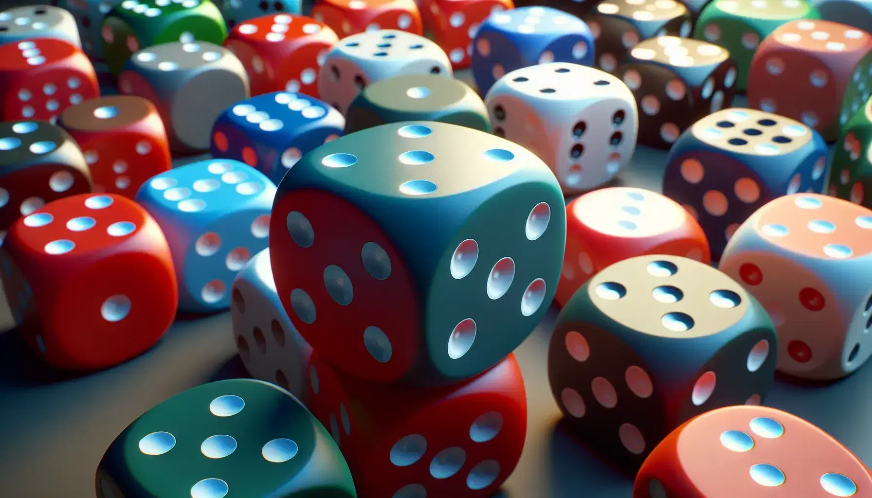 Close up of opaque colored dice on smooth surface, with a highlighted red dice showing four white dots, surrounded by other random dice.