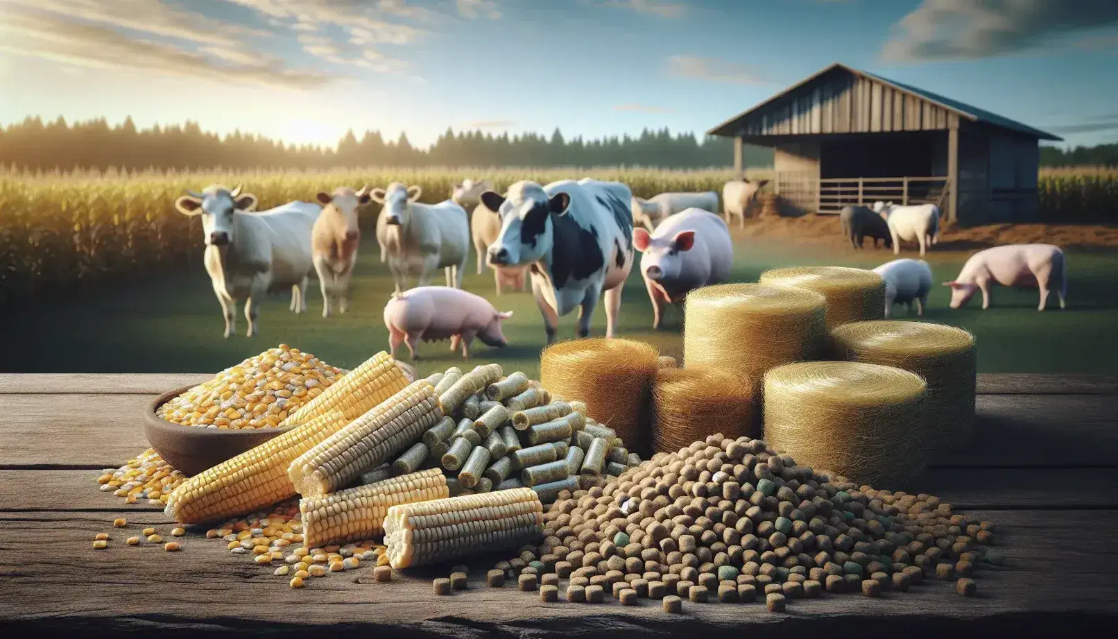 Granja con vacas blancas y negras y un cerdo rosado en un campo verde, primer plano de alimentos como maíz, pellets de pienso y heno bajo un cielo azul con nubes.