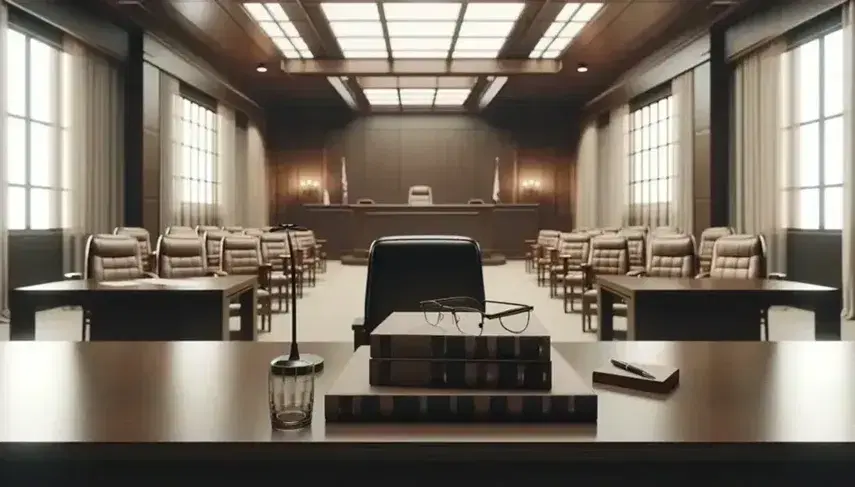 Sala de tribunal vacía con mesa de madera oscura, sillas de cuero marrón, estrado de juez y bandera, ambiente formal y solemne.