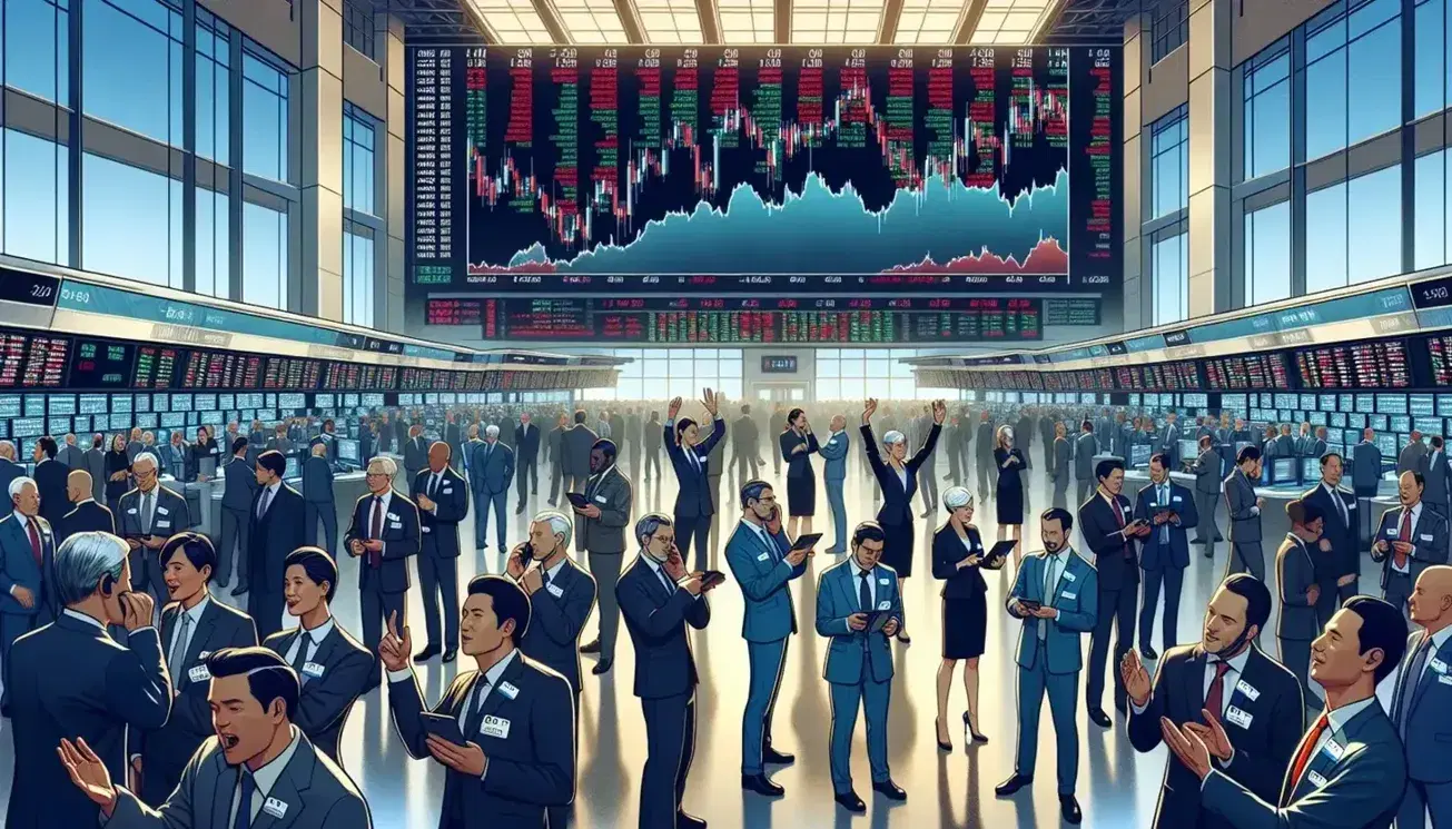 Diverse stock traders actively engage on a busy exchange floor, with dynamic screens displaying market trends in the background.