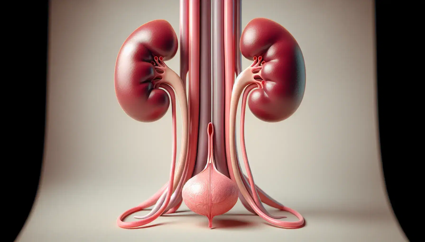 Vista anatómica detallada del sistema urinario humano con riñones rojizos, uréteres rosados, vejiga y uretra en tonos naturales.