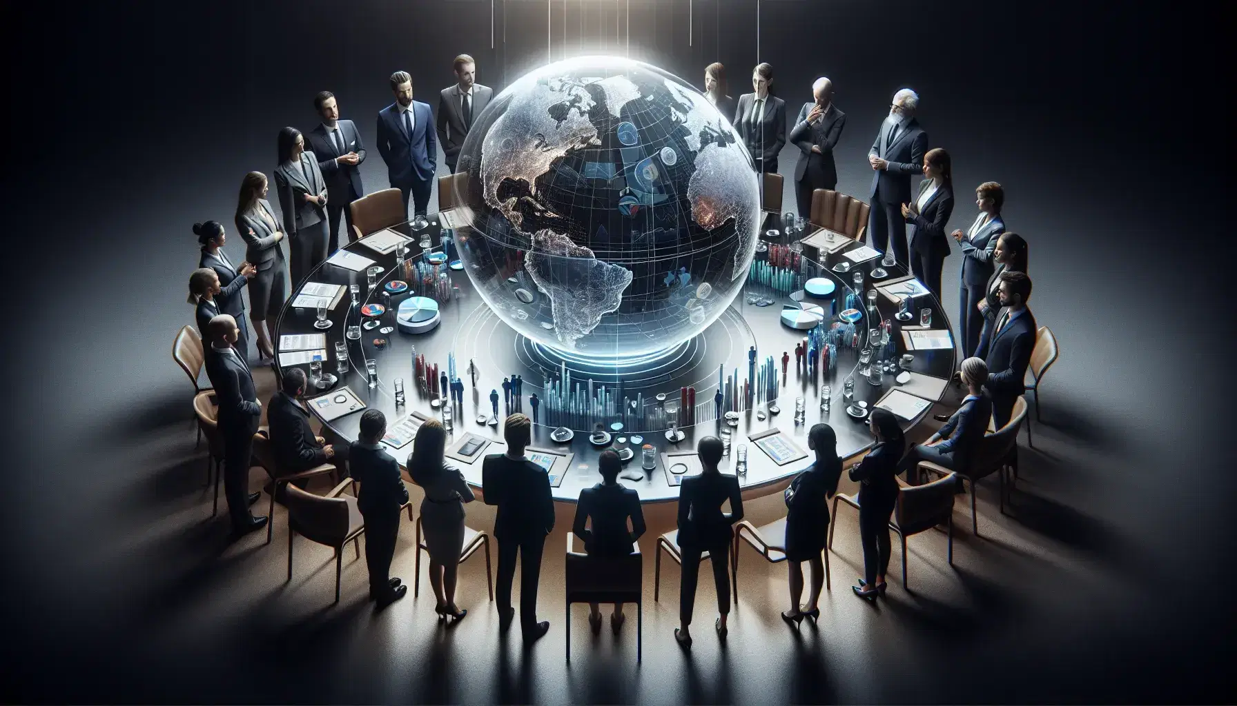 Grupo diverso de profesionales en reunión estratégica alrededor de una mesa con esfera transparente central y gráficos flotantes de análisis.