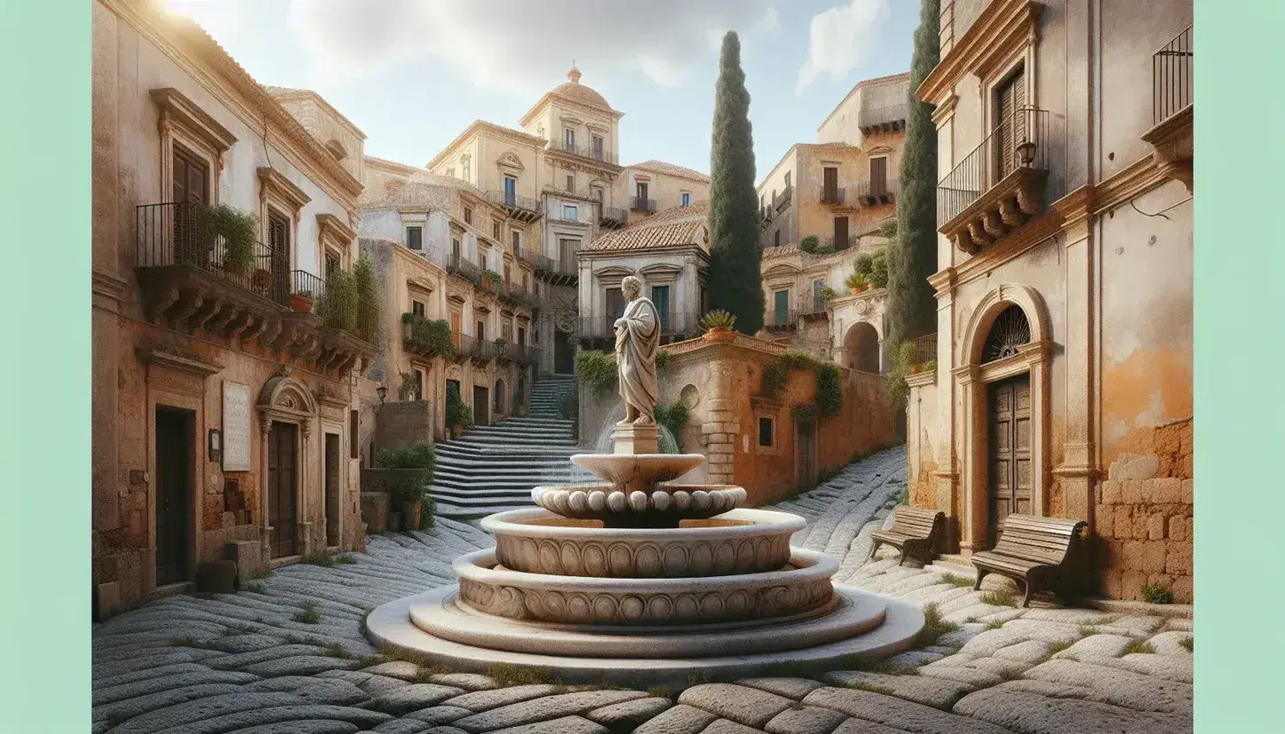 Paesaggio urbano siciliano con edifici antichi, tetti in tegole rosse, piazza acciottolata, fontana e statua marmorea.