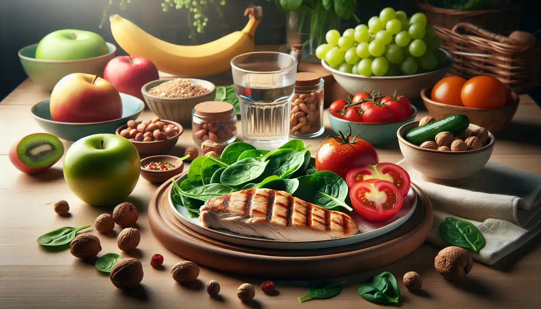 Mesa de madera clara con alimentos saludables, pechuga de pollo a la parrilla, espinacas frescas, tomates rojos, nueces, banana, manzana y uvas verdes con vaso de agua.