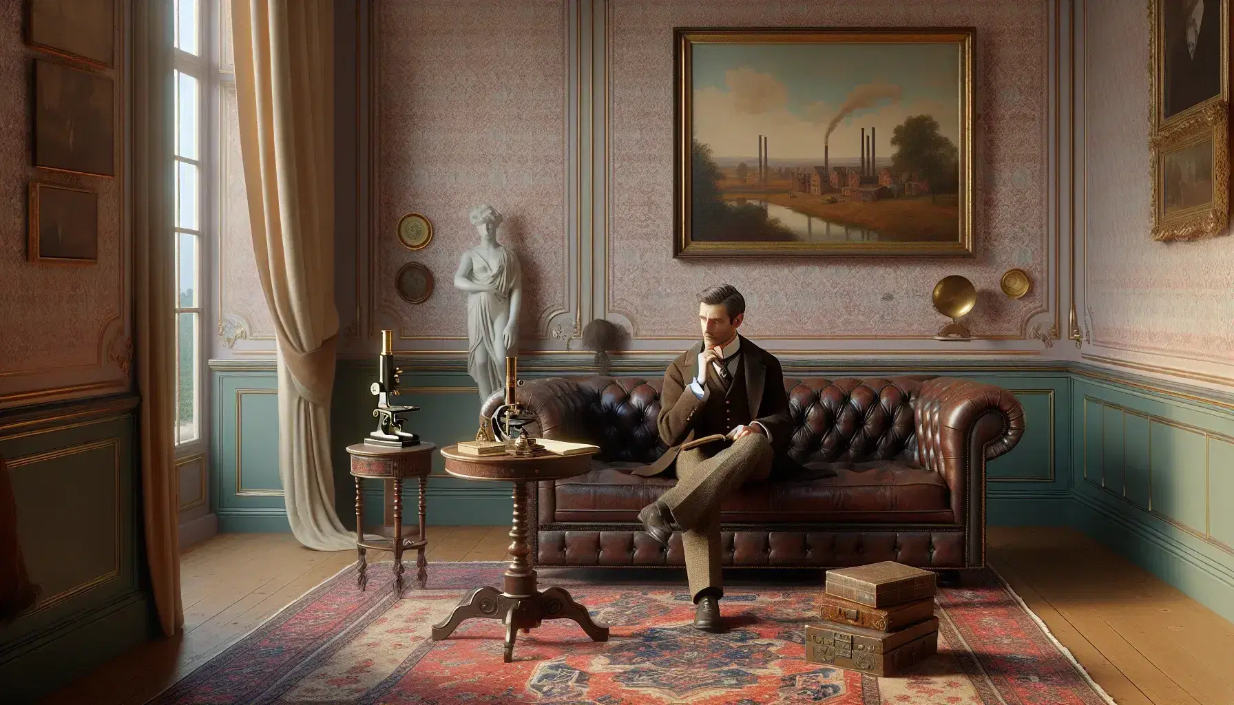 Soggiorno storico con divano Chesterfield, uomo in abito d'epoca pensieroso con libro, tappeto persiano e statua marmorea.