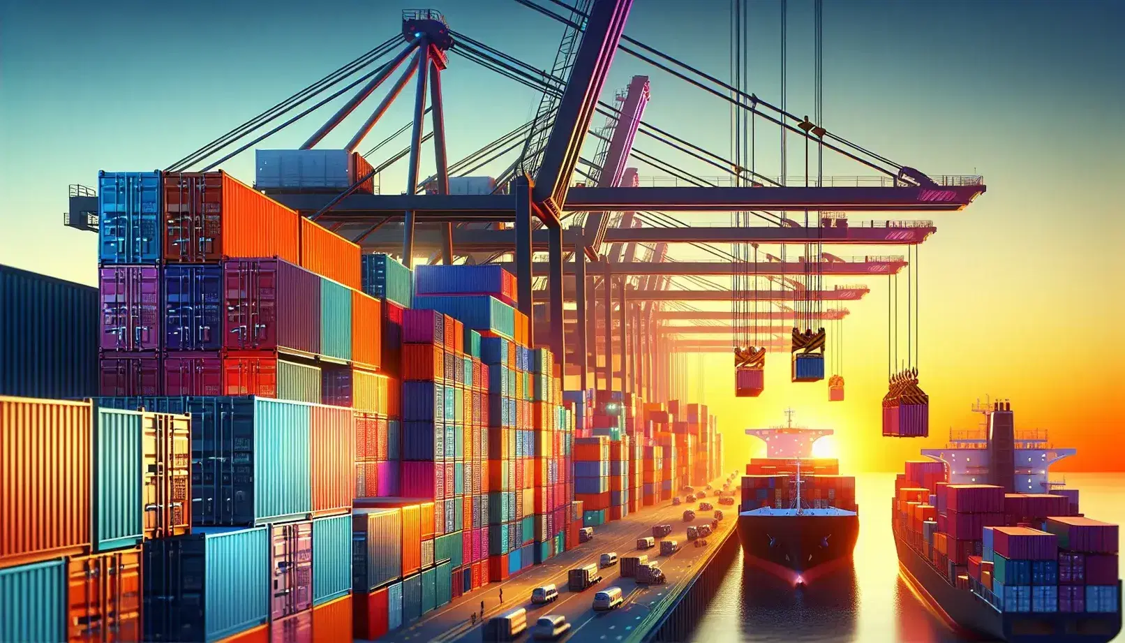 Multicolored shipping containers stacked at a busy port with yellow cranes and anchored ships against a sunset sky, symbolizing global trade.