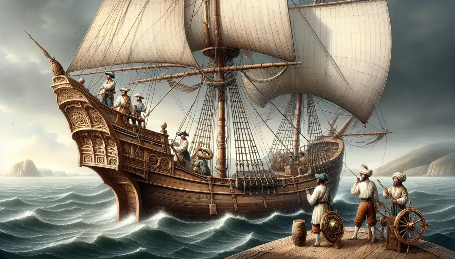 Portuguese caravel with multi-ethnic crew at sea during the Age of Exploration, sails billowing, near an untouched tropical island at sunset.