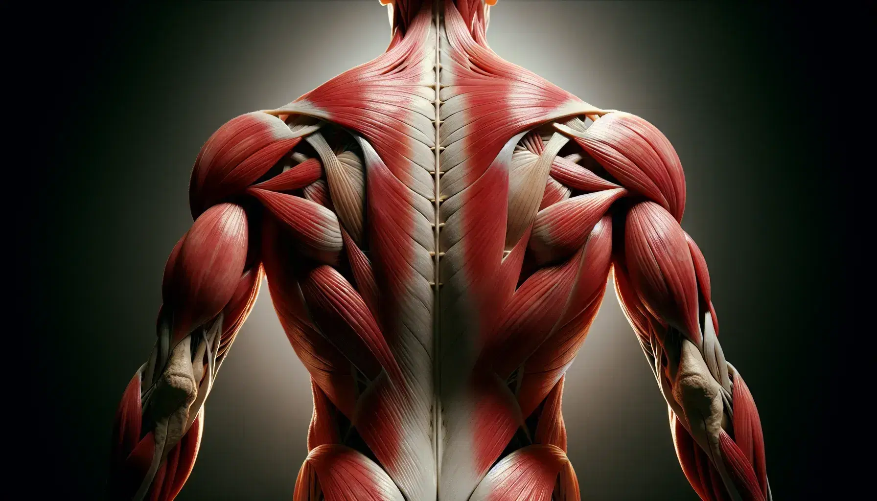 Vista trasera de torso masculino sin piel mostrando músculos detallados en tonos rojos y rosas, con la columna vertebral central y músculos espinales simétricos, trapezios y deltoides definidos.