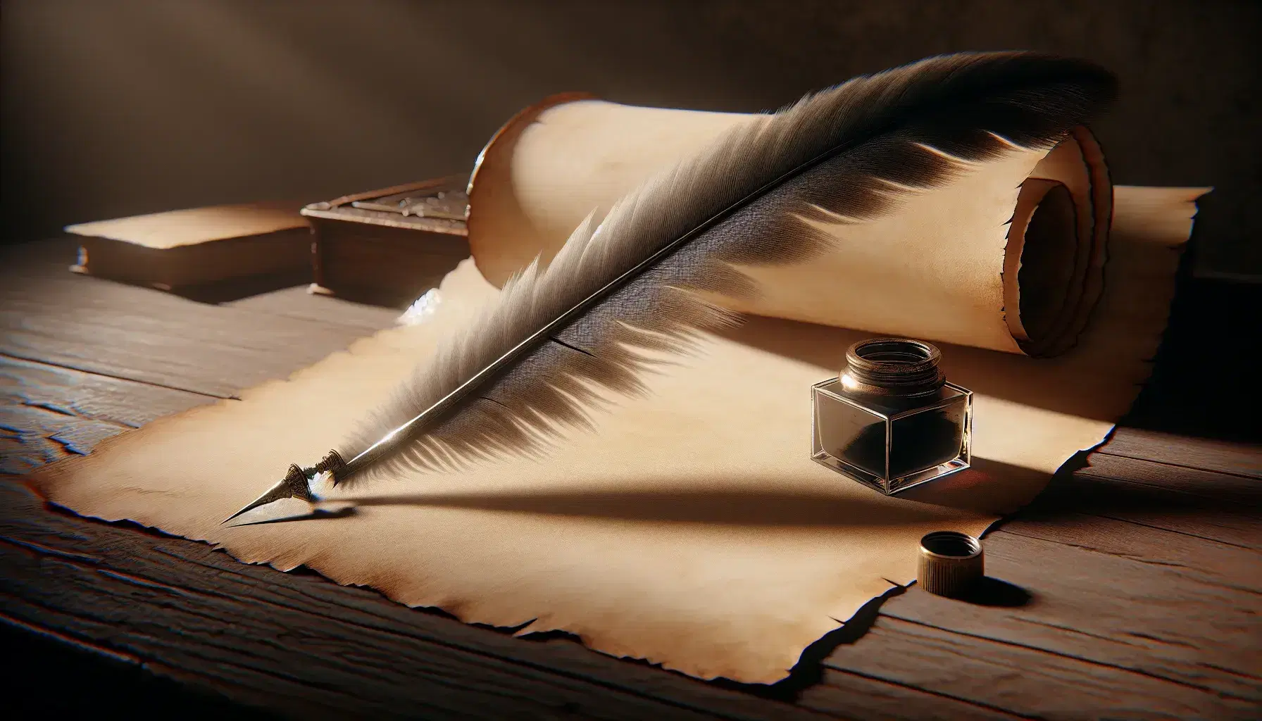Quill and inkwell on aged parchment scroll on wooden desk, evoking a vintage writing scene with soft lighting and no visible text.