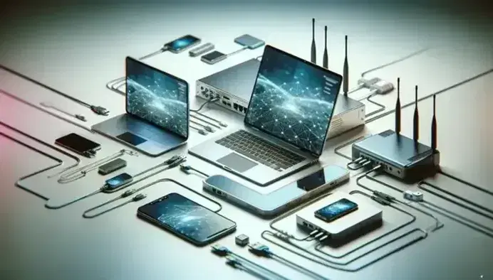 Conjunto de dispositivos electrónicos modernos con laptop abierto, smartphone, tablet y router inalámbrico conectados por cables en superficie clara.