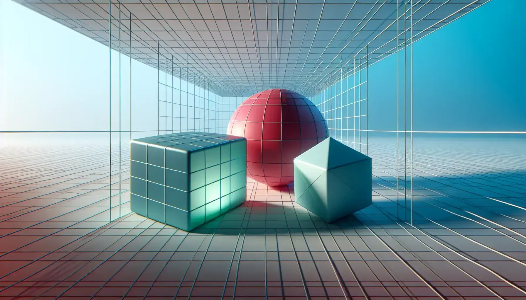 Red sphere, blue cube, and green pyramid on a grid with shadows and a gradient blue background, showcasing depth and perspective.