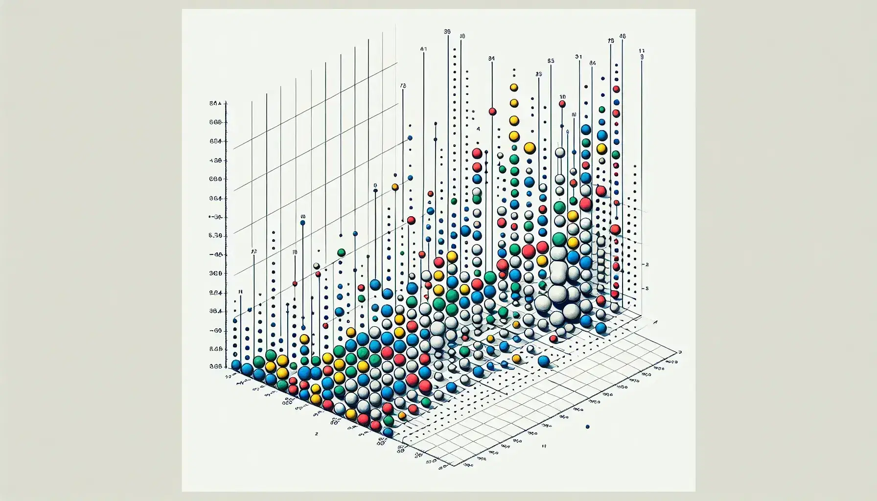 Gráfico de dispersión con puntos de colores azul, rojo, verde y amarillo en tendencia ascendente sobre ejes cartesianos en fondo blanco.