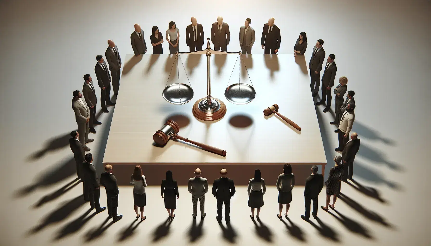 Grupo diverso de personas alrededor de una mesa con balanza de justicia y martillo, simbolizando equidad y deliberación.