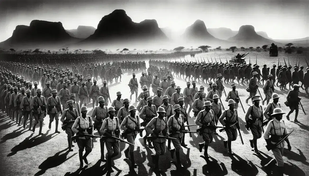 Soldati italiani in marcia durante la conquista dell'Etiopia, in uniforme coloniale con elmetti, fucili e zaini, sullo sfondo montagne africane.
