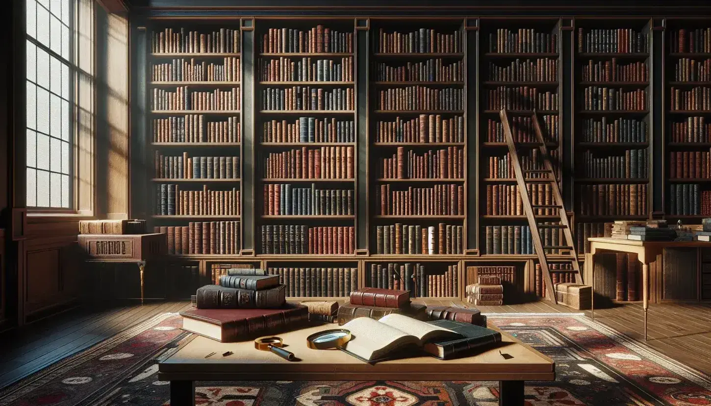 Biblioteca con scaffali in legno scuro pieni di libri rilegati, tavolo con libri aperti e lente d'ingrandimento, tappeto persiano e scala.