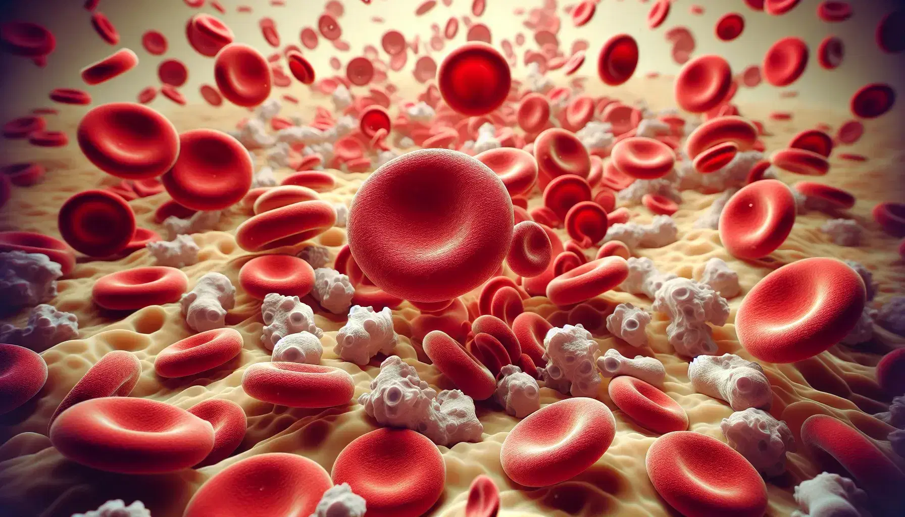 Vista microscópica detallada de células sanguíneas humanas con glóbulos rojos biconcavos, leucocitos irregulares y plaquetas ovaladas sobre fondo simulando plasma.